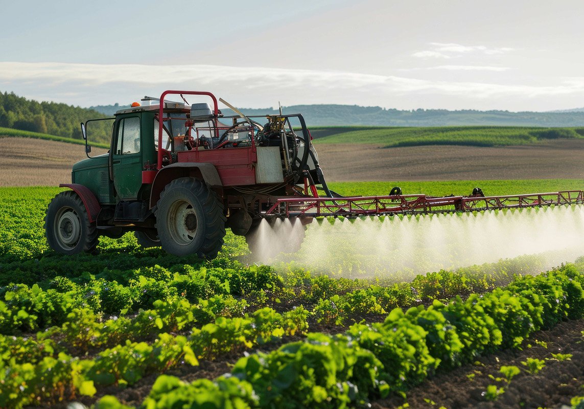 Tractor spraying a crop field
